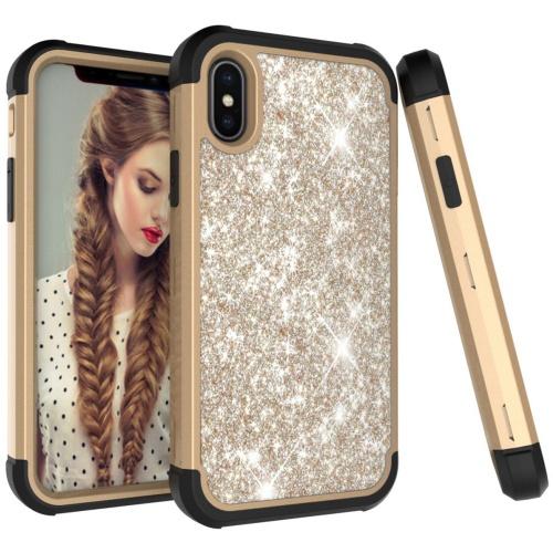 APPLE IPhone XS Max 6.5 Defender műanyag telefonvédő (közepesen ütésálló, gumi / szilikon belső, műanyag keret, flitteres) ARANY	