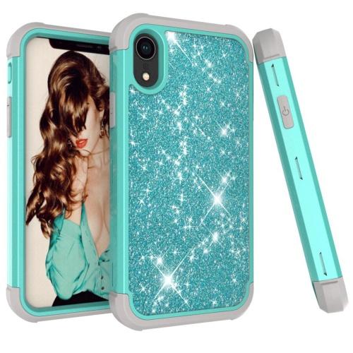 APPLE IPhone XR 6.1 Defender műanyag telefonvédő (közepesen ütésálló, gumi / szilikon belső, műanyag keret, flitteres) CYAN	