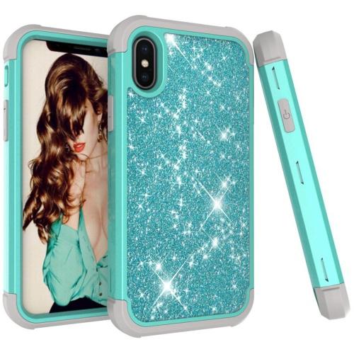 APPLE IPhone XS Max 6.5 Defender műanyag telefonvédő (közepesen ütésálló, gumi / szilikon belső, műanyag keret, flitteres) CYAN	