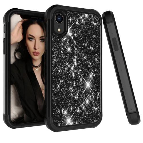 APPLE IPhone XR 6.1 Defender műanyag telefonvédő (közepesen ütésálló, gumi / szilikon belső, műanyag keret, flitteres) FEKETE	