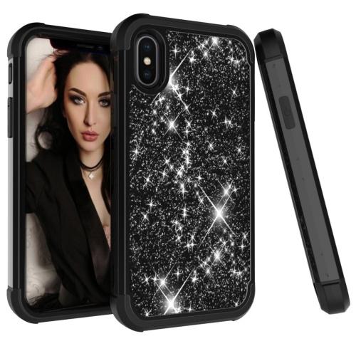 APPLE IPhone XS Max 6.5 Defender műanyag telefonvédő (közepesen ütésálló, gumi / szilikon belső, műanyag keret, flitteres) FEKETE	