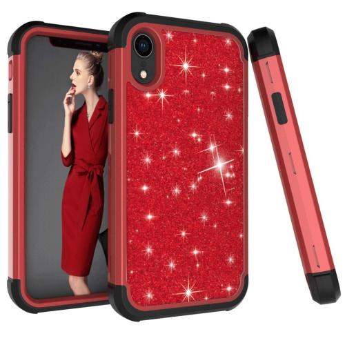 APPLE IPhone XR 6.1 Defender műanyag telefonvédő (közepesen ütésálló, gumi / szilikon belső, műanyag keret, flitteres) PIROS	