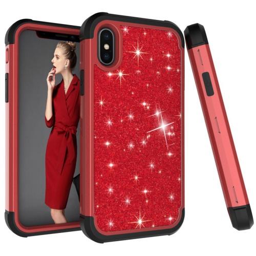 APPLE IPhone XS Max 6.5 Defender műanyag telefonvédő (közepesen ütésálló, gumi / szilikon belső, műanyag keret, flitteres) PIROS	