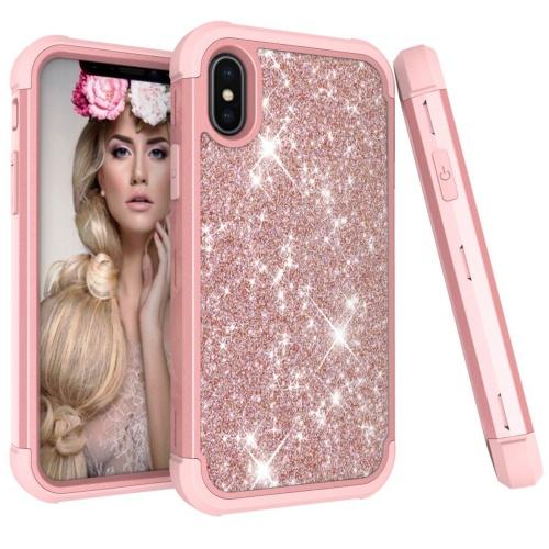 APPLE IPhone XS Max 6.5 Defender műanyag telefonvédő (közepesen ütésálló, gumi / szilikon belső, műanyag keret, flitteres) ROZÉARANY	