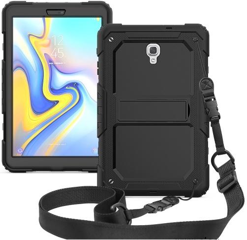 SAMSUNG Galaxy Tab A 10.5 LTE (2018) SM-T595 /SAMSUNG Galaxy Tab A 10.5 WIFI (2018) SM-T590 Defender műanyag telefonvédő (közepesen ütésálló, szilikon/gumi belső,asztali tartó, műanyag keret, vállpánt) FEKETE	