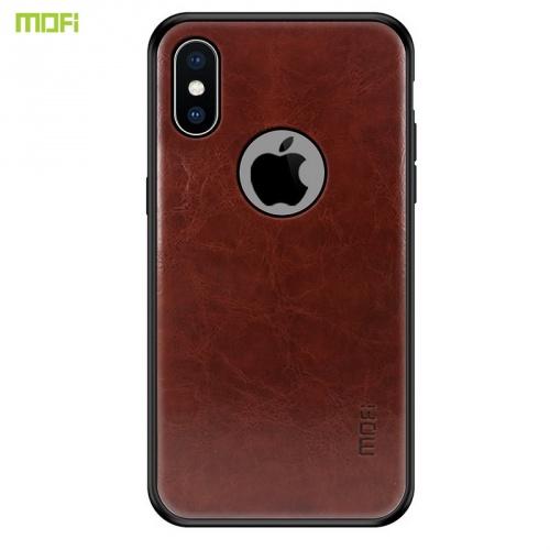 APPLE IPhone X 5.8 /APPLE IPhone XS 5.8 MOFI műanyag telefonvédő (szilikon keret, bőr hátlap, logó kivágás) SÖTÉTBARNA	