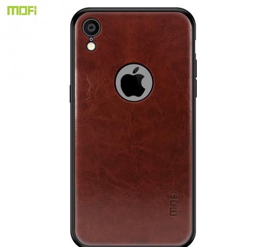 APPLE IPhone XR 6.1 MOFI műanyag telefonvédő (szilikon keret, bőr hátlap, logó kivágás) SÖTÉTBARNA	