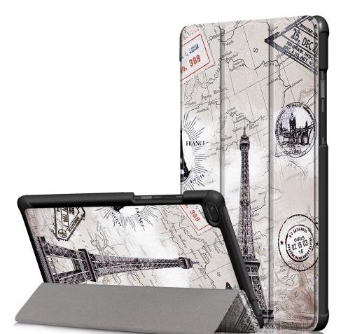 LENOVO Tab E8 (TB-8304F1) Tok álló, bőr hatású (FLIP, oldalra nyíló, TRIFOLD asztali tartó funkció, Eiffel torony, térkép minta) SZÜRKE