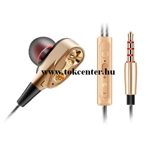 QKZ fülhallgató SZTEREO (3.5mm jack, mikrofon, felvevő gomb, 2 pár fülgumi, mélyhang kiemelő, dupla hangszóró) ARANY	
