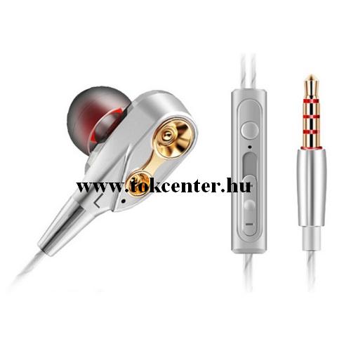 QKZ fülhallgató SZTEREO (3.5mm jack, mikrofon, felvevő gomb, 2 pár fülgumi, mélyhang kiemelő, dupla hangszóró) EZÜST	