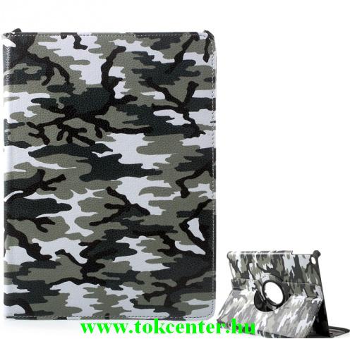 APPLE IPAD 9.7 (2017) /APPLE IPAD 9.7 (2018) Tok álló, bőr (FLIP, asztali tartó funkció, 360°-ban forgatható, terepmintás) SZÜRKE	