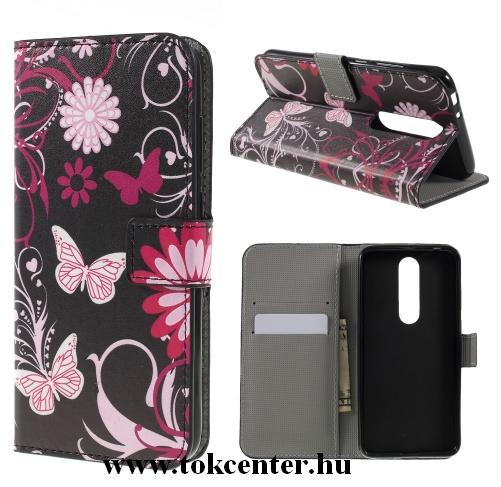 NOKIA 5.1 Plus (Nokia X5) Tok álló, bőr (FLIP, oldalra nyíló, asztali tartó funkció, pillangó, virágminta) FEKETE	