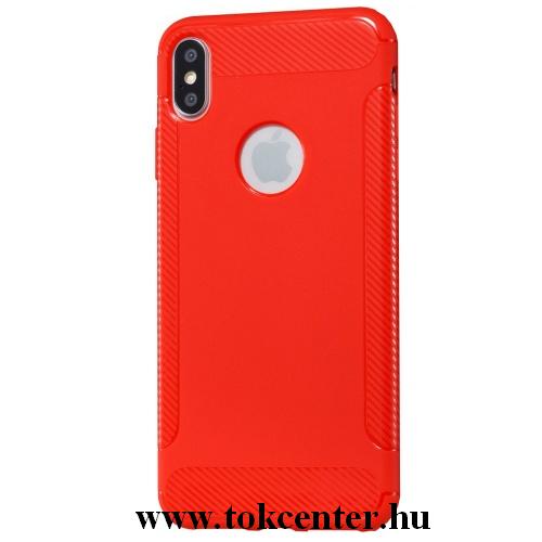 APPLE IPhone X 5.8/ APPLE IPhone XS 5.8 Telefonvédő gumi / szilikon (közepesen ütésálló, karbonminta, logo kivágás) PIROS	