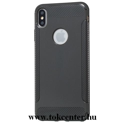 APPLE IPhone X 5.8 /APPLE IPhone XS 5.8 Telefonvédő gumi / szilikon (közepesen ütésálló, karbonminta, logo kivágás) SZÜRKE	