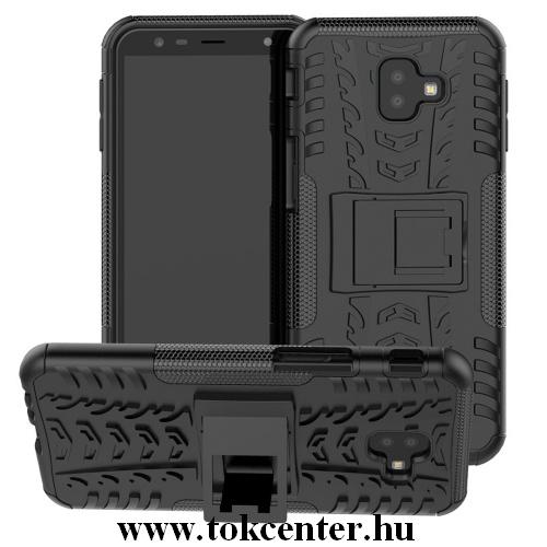SAMSUNG Galaxy J6 Plus (J610F) Defender műanyag telefonvédő (közepesen ütésálló, gumi / szilikon belső, kitámasztó, autógumi minta) FEKETE	