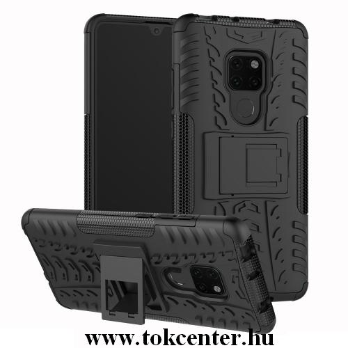 HUAWEI Mate 20 Defender műanyag telefonvédő (közepesen ütésálló, gumi / szilikon belső, kitámasztó, autógumi minta) FEKETE	
