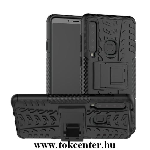 SAMSUNG Galaxy A9 (2018) SM-A920 Defender műanyag telefonvédő (közepesen ütésálló, gumi / szilikon belső, kitámasztó, autógumi minta) FEKETE	