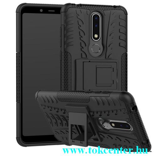 NOKIA 3.1 Plus Defender műanyag telefonvédő (közepesen ütésálló, gumi / szilikon belső, kitámasztó, autógumi minta) FEKETE	