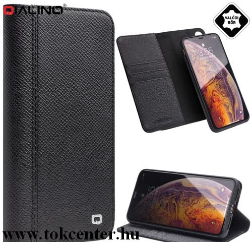  APPLE IPhone XS Max 6.5 QIALINO tok álló, valódi bőr (aktív flip, oldalra nyíló, asztali tartó funkció, kivehető szilikon telefonvédő) FEKETE	