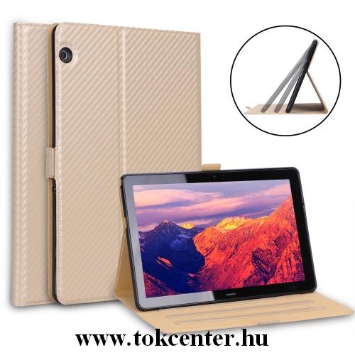 HUAWEI Mediapad T5 10 LTE /HUAWEI Mediapad T5 10 WIFI Tok álló, bőr (FLIP, oldalra nyíló, asztali tartó funkció, karbon minta) ARANY	