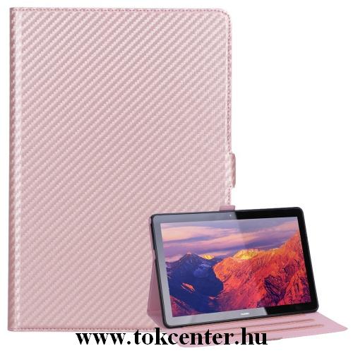 HUAWEI Mediapad T5 10 LTE /HUAWEI Mediapad T5 10 WIFI Tok álló, bőr (FLIP, oldalra nyíló, asztali tartó funkció, karbon minta) ROZÉARANY	