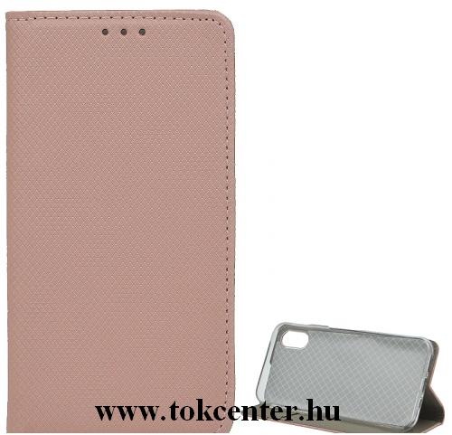 SAMSUNG Galaxy A6+ (2018) SM-A605F Tok álló, bőr (FLIP, oldalra nyíló, asztali tartó funkció, rombuszminta) ROZÉARANY	