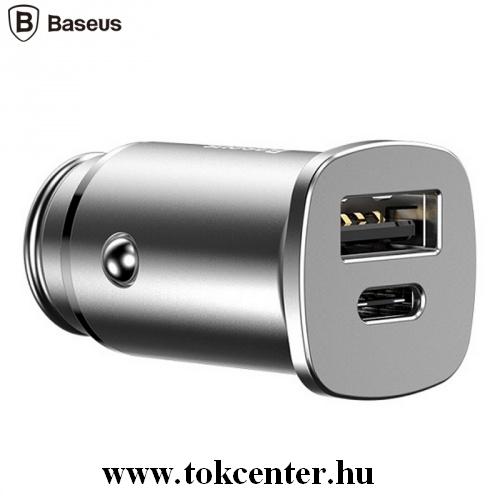 BASEUS szivargyújtó töltő / autós töltő 2 x aljzat (4.5V / 5000mA, 5V/3000mA, Type-C, gyorstöltés, kábel nélkül) EZÜST	