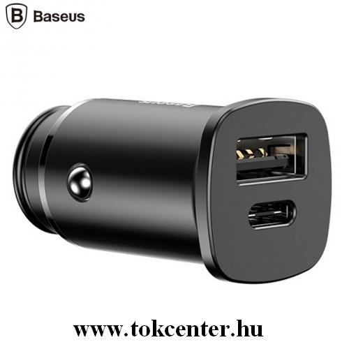 BASEUS szivargyújtó töltő / autós töltő 2 x aljzat (4.5V / 5000mA, 5V/3000mA, Type-C, gyorstöltés, kábel nélkül) FEKETE	