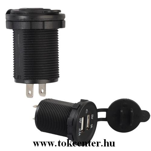 Beépíthető USB aljzat (5V/1000mA, 5V/2100mah, kábel nélkül, beépítést igényel, motorhoz) FEKETE	