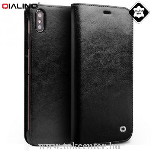APPLE IPhone XS Max 6.5 QIALINO tok álló, valódi bőr (FLIP, oldalra nyíló, bankkártya tartó) FEKETE	