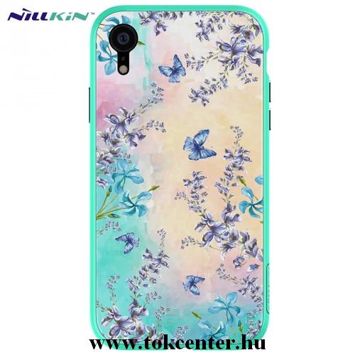 APPLE IPhone XR 6.1 NILLKIN BLOSSOM telefonvédő szilikon keret (BUMPER, közepesen ütésálló, edzett üveg hátlap, pillangó, virágminta) KÉK	