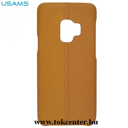 SAMSUNG Galaxy S9 (SM-G960) USAMS JOE műanyag telefonvédő (bőrbevonat, varrásminta) VILÁGOSBARNA	