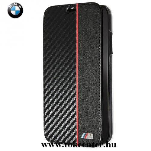 APPLE IPhone XR 6.1 BMW műanyag telefonvédő (bőrflip, átlátszó hátlap, oldalra nyíló, karbonminta) FEKETE	