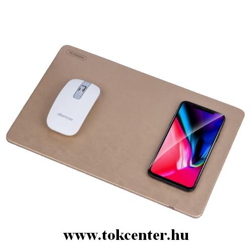 Egérpad (QI Wireless, vezeték nélküli töltés, bőr, csúszásgátló alsórész) ARANY	