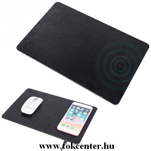 Egérpad (QI Wireless, vezeték nélküli töltés, bőr, csúszásgátló alsórész) FEKETE	