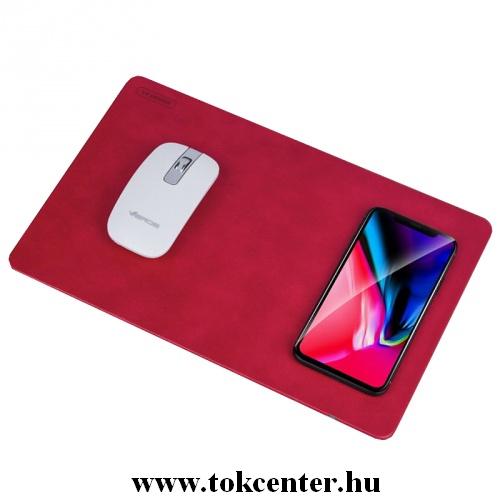 Egérpad (QI Wireless, vezeték nélküli töltés, bőr, csúszásgátló alsórész) PIROS	