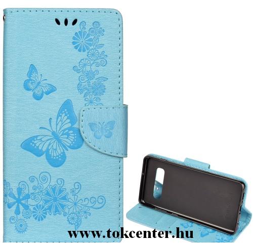 SAMSUNG Galaxy S10e (SM-G970) Tok álló, bőr (FLIP, oldalra nyíló, asztali tartó funkció, csuklópánt, pillangó minta) VILÁGOSKÉK	
