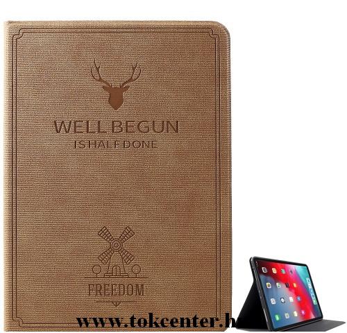 APPLE IPAD Pro 11 (2018) Tok álló, bőr (FLIP, oldalra nyíló, szilikon/gumi belső, asztali tartó funkció, szarvas minta) VILÁGOSBARNA	
