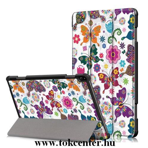 LENOVO Tab P10 (TB-X705F) Tok álló, bőr (FLIP, oldalra nyíló, TRIFOLD asztali tartó funkció, színes pillangóminta) FEHÉR	