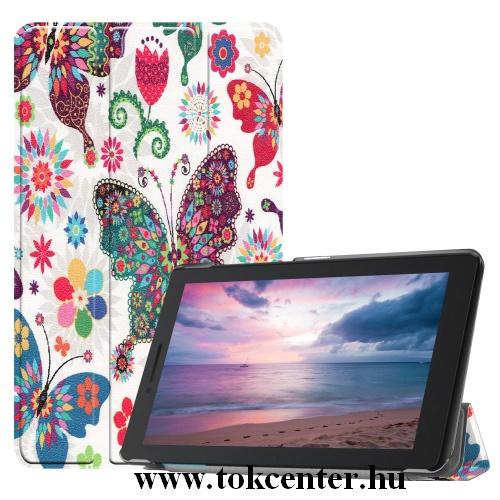 LENOVO Tab E8 (TB-8304F1) Tok álló, bőr (FLIP, oldalra nyíló, TRIFOLD asztali tartó funkció, színes pillangóminta) FEHÉR	