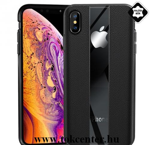 APPLE IPhone XS Max 6.5 Telefonvédő gumi / szilikon (valódi bőr bevonat, csíkos) FEKETE	
