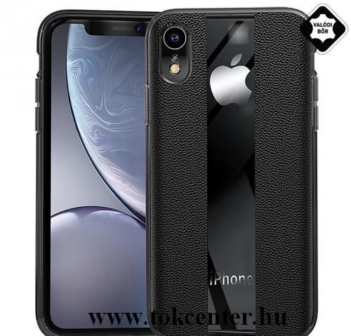  APPLE IPhone XR 6.1 Telefonvédő gumi / szilikon (valódi bőr bevonat, csíkos) FEKETE	