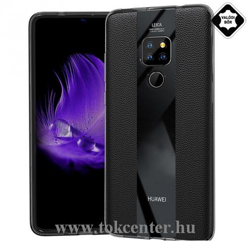 HUAWEI Mate 20 Telefonvédő gumi / szilikon (valódi bőr bevonat, csíkos) FEKETE	