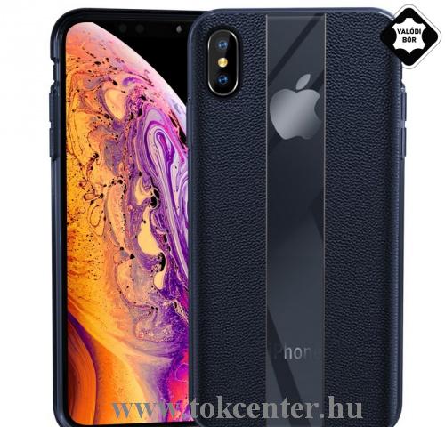 APPLE IPhone XS Max 6.5 Telefonvédő gumi / szilikon (valódi bőr bevonat, csíkos) SÖTÉTKÉK	