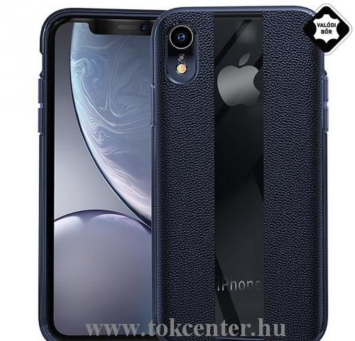  APPLE IPhone XR 6.1 Telefonvédő gumi / szilikon (valódi bőr bevonat, csíkos) SÖTÉTKÉK	