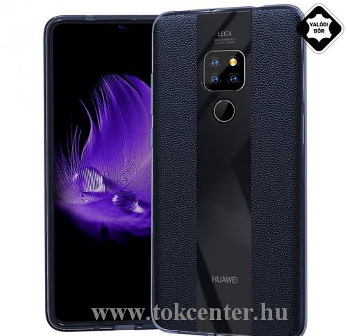 HUAWEI Mate 20 Telefonvédő gumi / szilikon (valódi bőr bevonat, csíkos) SÖTÉTKÉK	