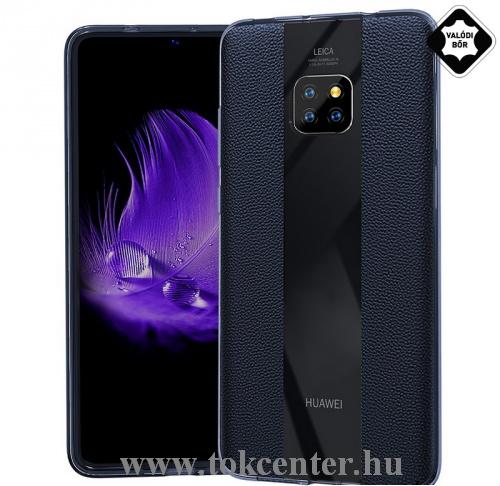 HUAWEI Mate 20 Pro Telefonvédő gumi / szilikon (valódi bőr bevonat, csíkos) SÖTÉTKÉK	