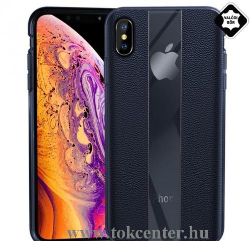 APPLE IPhone X 5.8 /APPLE IPhone XS 5.8 Telefonvédő gumi / szilikon (valódi bőr bevonat, csíkos) SÖTÉTKÉK	