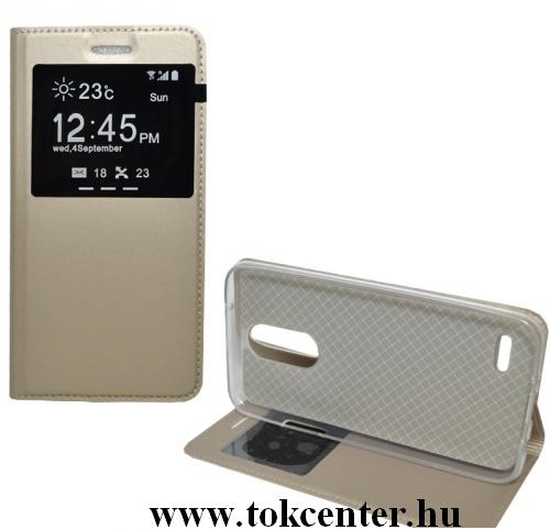 LG K4 (2017) M160 Tok álló, bőr (FLIP, oldalra nyíló, asztali tartó funkció, hívószámkijelzés, View Window) ARANY	