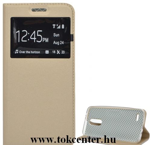 LG K8 2018 K350 (K9) Tok álló, bőr (FLIP, oldalra nyíló, asztali tartó funkció, S-View Cover) ARANY	
